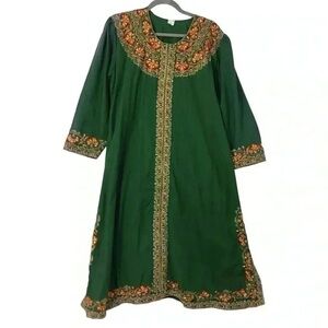 VINTAGE GREEN MOROCCAN EMBROIDERED CAFTAN KAFTAN DRESS OSFM BOHO FESTIVAL